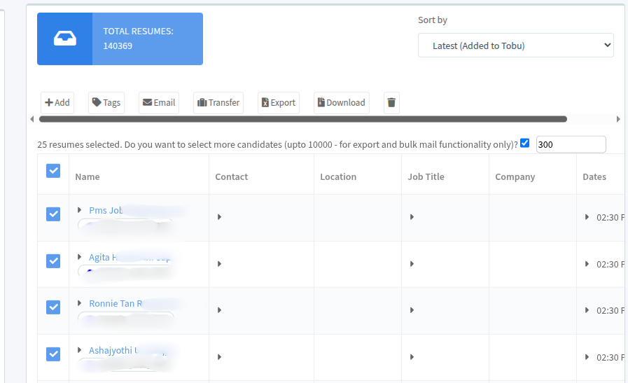 Screenshot: Entering the specific number of candidates to export