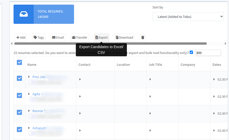 Screenshot: Selecting all candidates and exporting as Excel/CSV