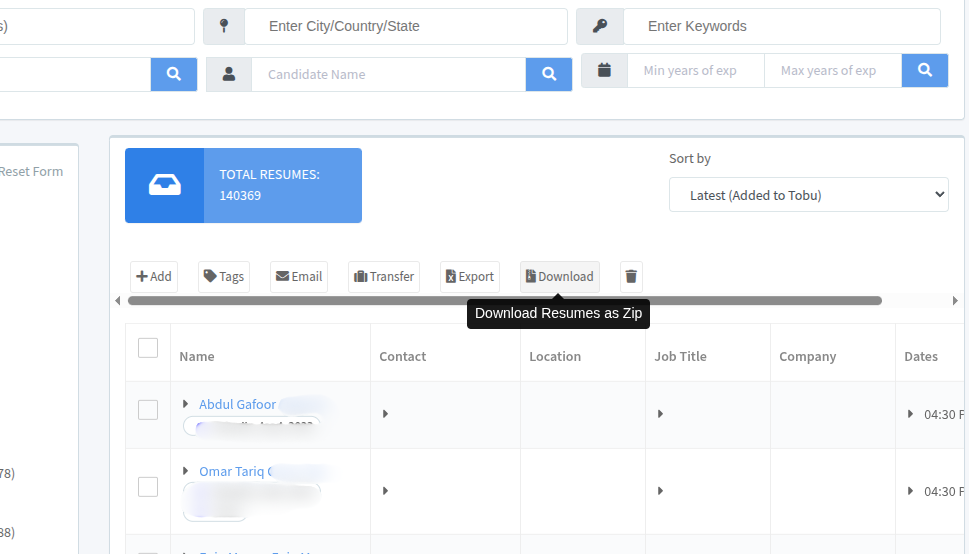Screenshot: Selecting all candidates and downloading raw resumes as a Zip file